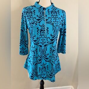 BEPEI blue crop sleeve top navy swirled pattern SZ M